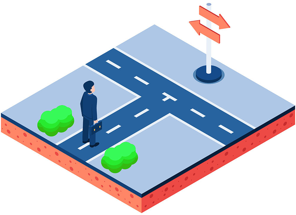 Isometric-businessman-standing-in-front-of-crossroad